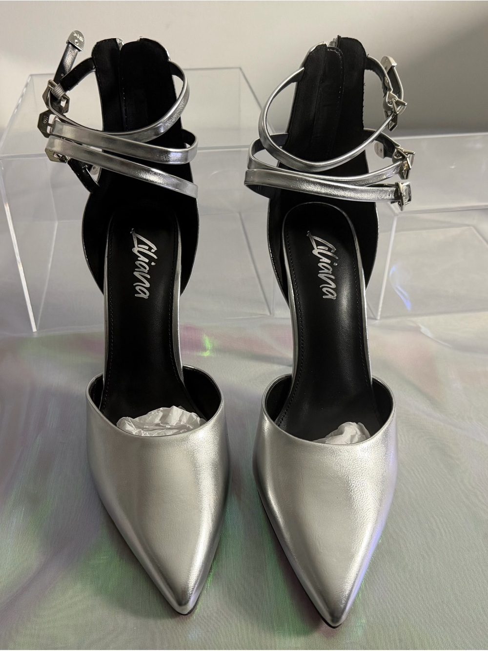 Liliana Metallic Silver Pointed-Toe Ankle-Strap Heels